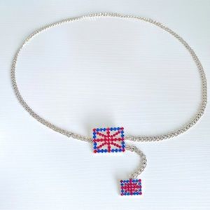Silver tone Chain Belt with UK Flag Red and Blue Rhinestones Buckle 🇬🇧 New!